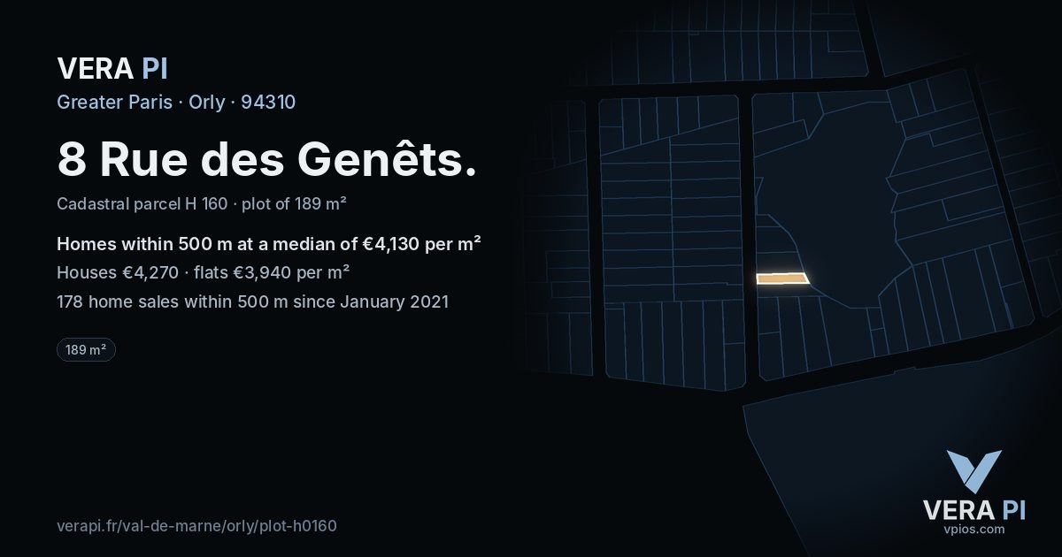 8 Rue des Genêts, Orly at night – the plot lit, the parcels around coloured by the prices near them