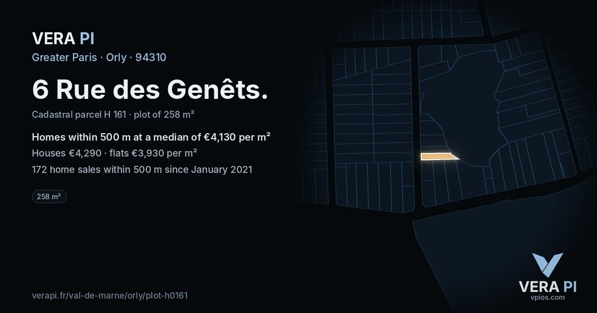 6 Rue des Genêts, Orly at night – the plot lit, the parcels around coloured by the prices near them