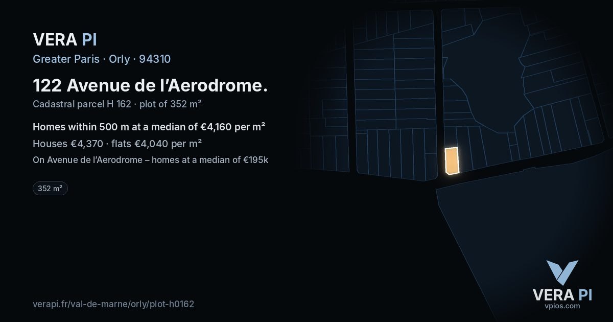 122 Avenue de l’Aerodrome, Orly at night – the plot lit, the parcels around coloured by the prices near them