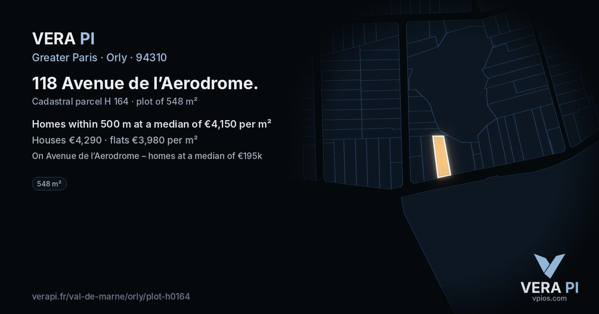 118 Avenue de l’Aerodrome, Orly at night – the plot lit, the parcels around coloured by the prices near them