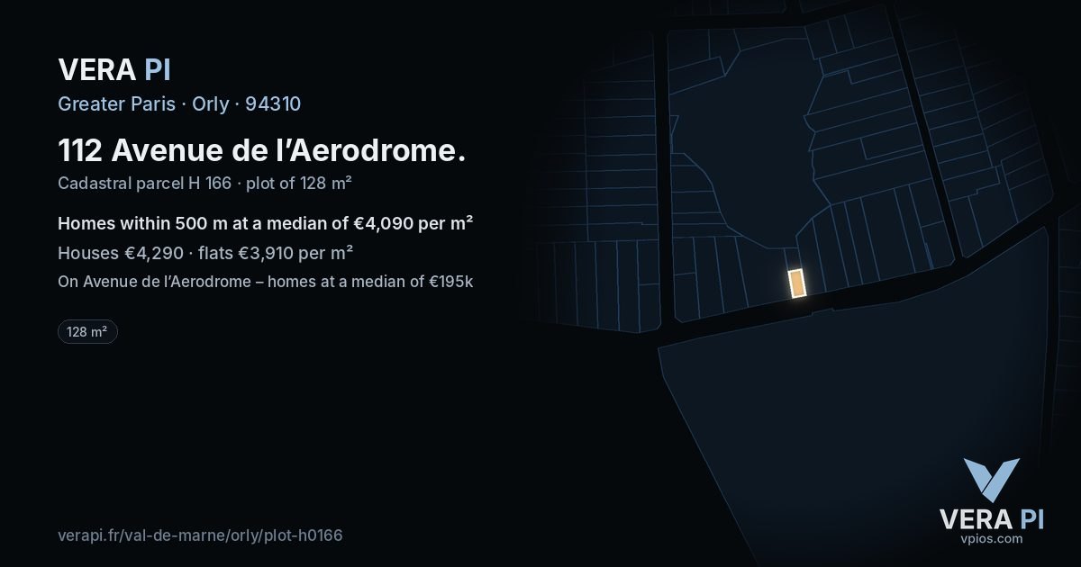 112 Avenue de l’Aerodrome, Orly at night – the plot lit, the parcels around coloured by the prices near them