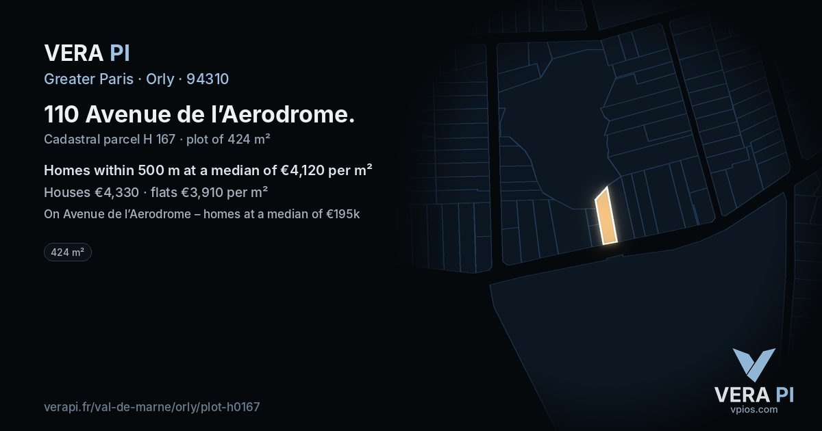 110 Avenue de l’Aerodrome, Orly at night – the plot lit, the parcels around coloured by the prices near them