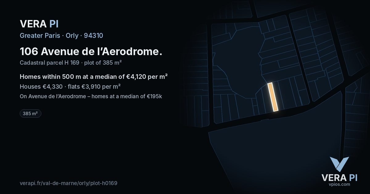 106 Avenue de l’Aerodrome, Orly at night – the plot lit, the parcels around coloured by the prices near them