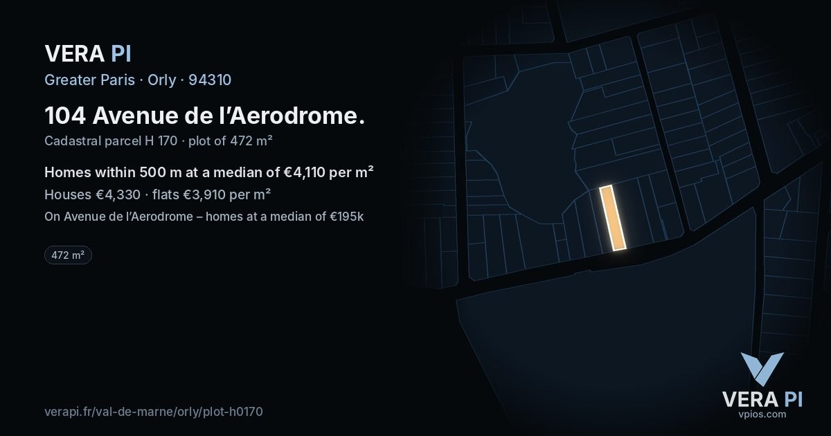 104 Avenue de l’Aerodrome, Orly at night – the plot lit, the parcels around coloured by the prices near them