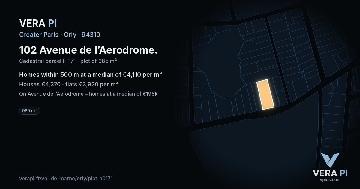 102 Avenue de l’Aerodrome, Orly at night – the plot lit, the parcels around coloured by the prices near them