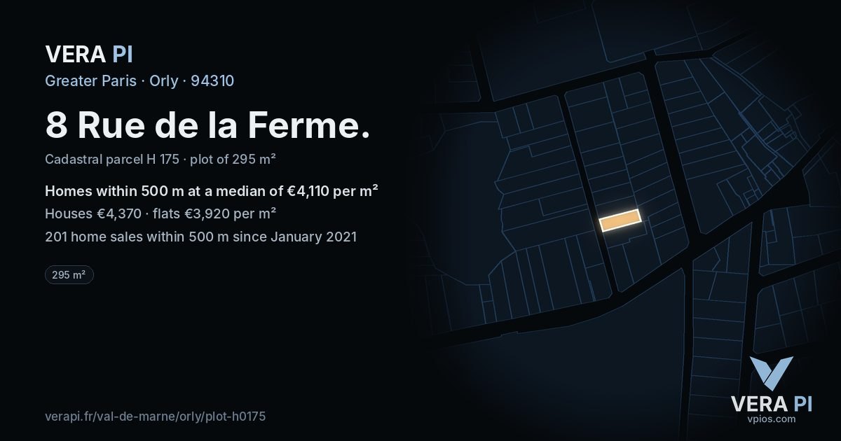 8 Rue de la Ferme, Orly at night – the plot lit, the parcels around coloured by the prices near them