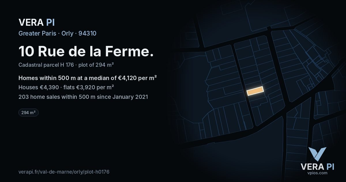 10 Rue de la Ferme, Orly at night – the plot lit, the parcels around coloured by the prices near them
