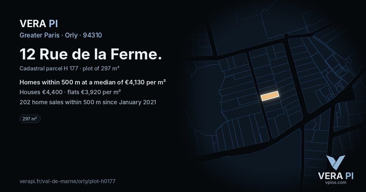 12 Rue de la Ferme, Orly at night – the plot lit, the parcels around coloured by the prices near them