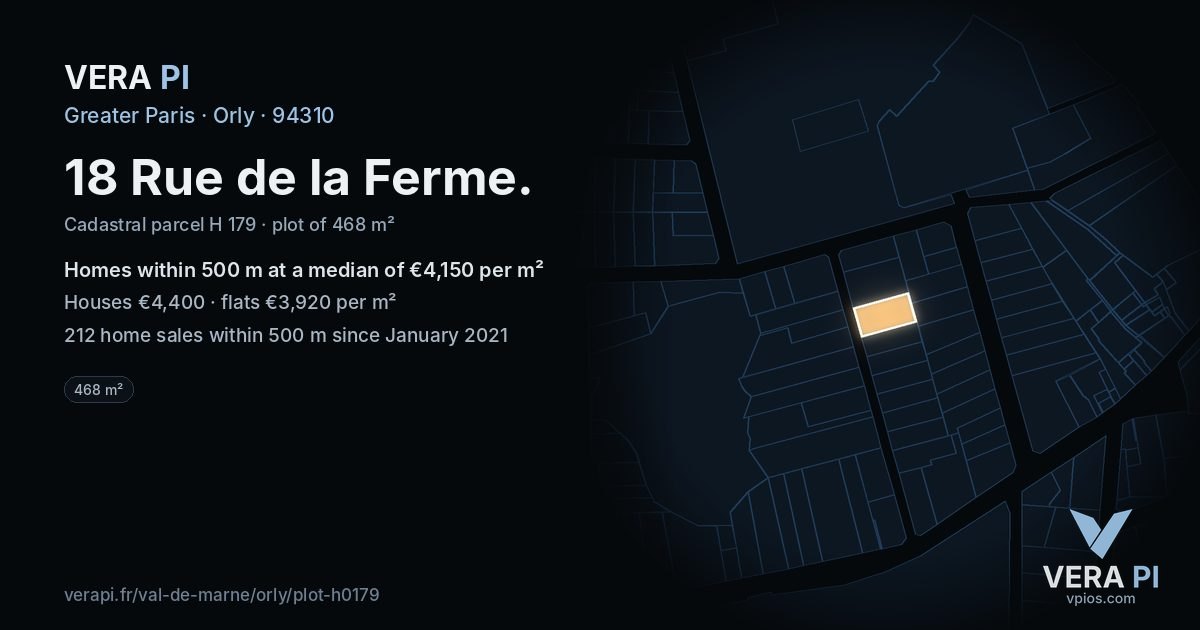 18 Rue de la Ferme, Orly at night – the plot lit, the parcels around coloured by the prices near them
