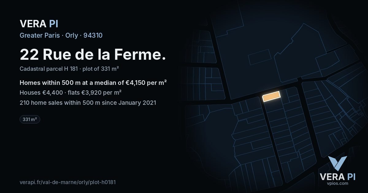 22 Rue de la Ferme, Orly at night – the plot lit, the parcels around coloured by the prices near them