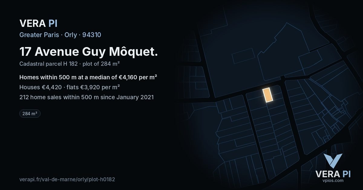 17 Avenue Guy Môquet, Orly at night – the plot lit, the parcels around coloured by the prices near them