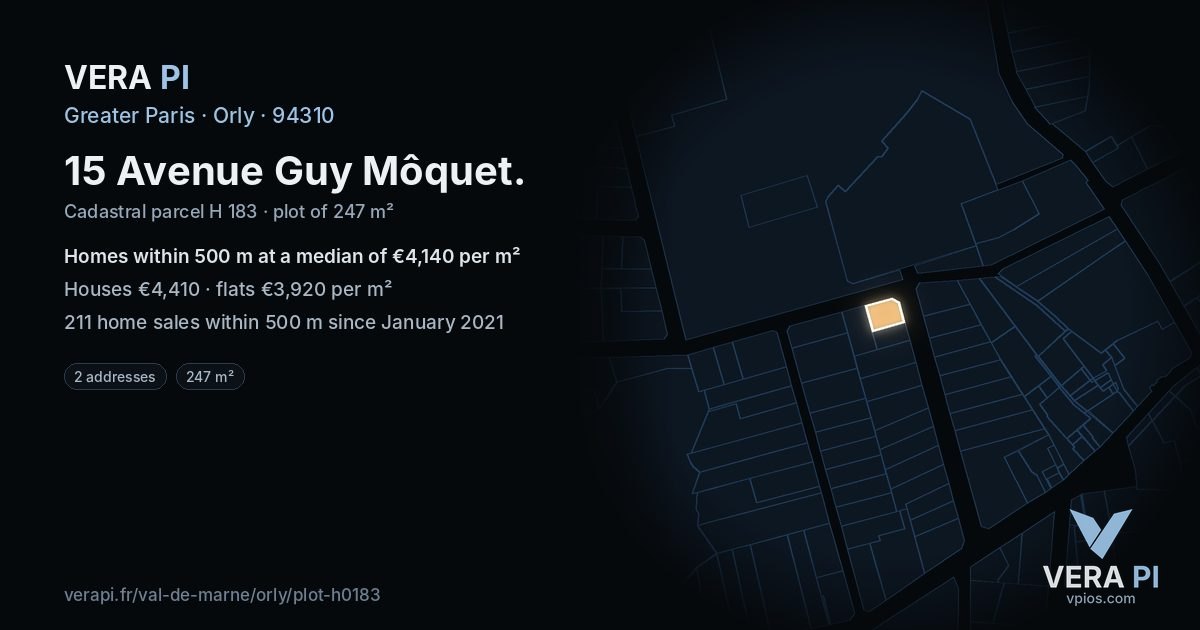 15 Avenue Guy Môquet, Orly at night – the plot lit, the parcels around coloured by the prices near them