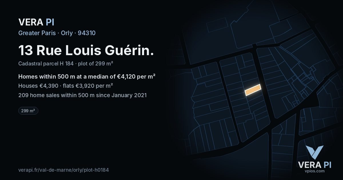 13 Rue Louis Guérin, Orly at night – the plot lit, the parcels around coloured by the prices near them