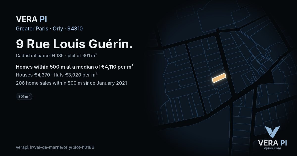 9 Rue Louis Guérin, Orly at night – the plot lit, the parcels around coloured by the prices near them
