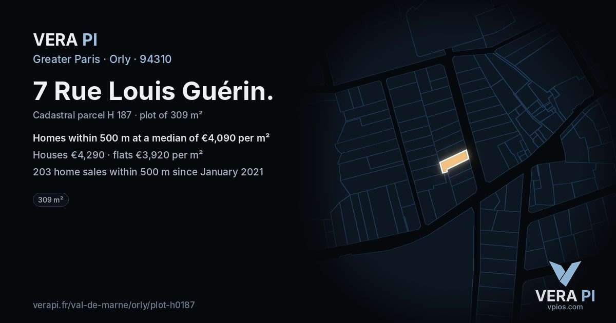 7 Rue Louis Guérin, Orly at night – the plot lit, the parcels around coloured by the prices near them