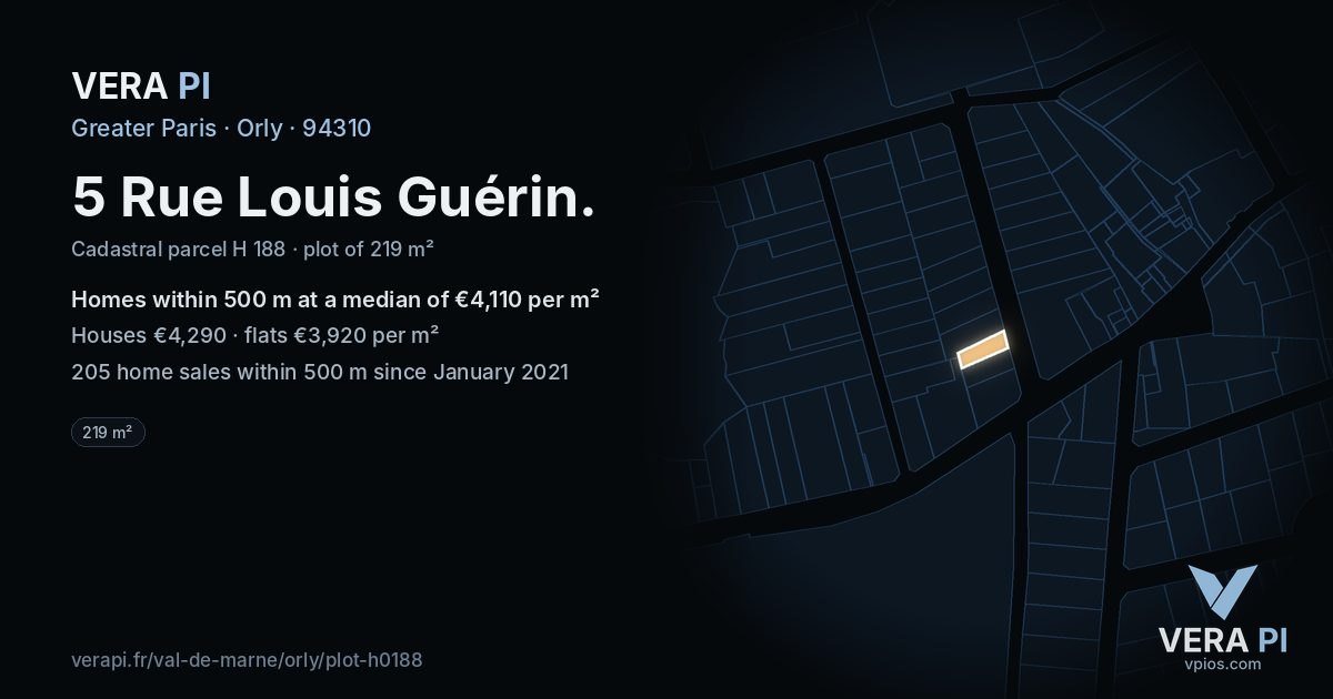 5 Rue Louis Guérin, Orly at night – the plot lit, the parcels around coloured by the prices near them