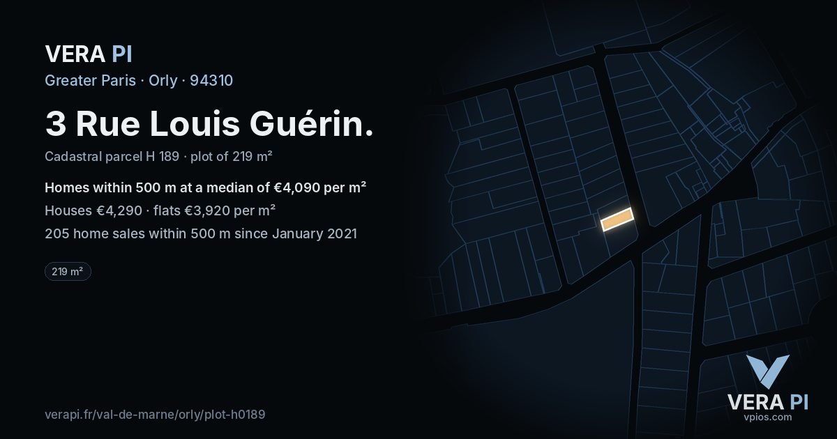 3 Rue Louis Guérin, Orly at night – the plot lit, the parcels around coloured by the prices near them