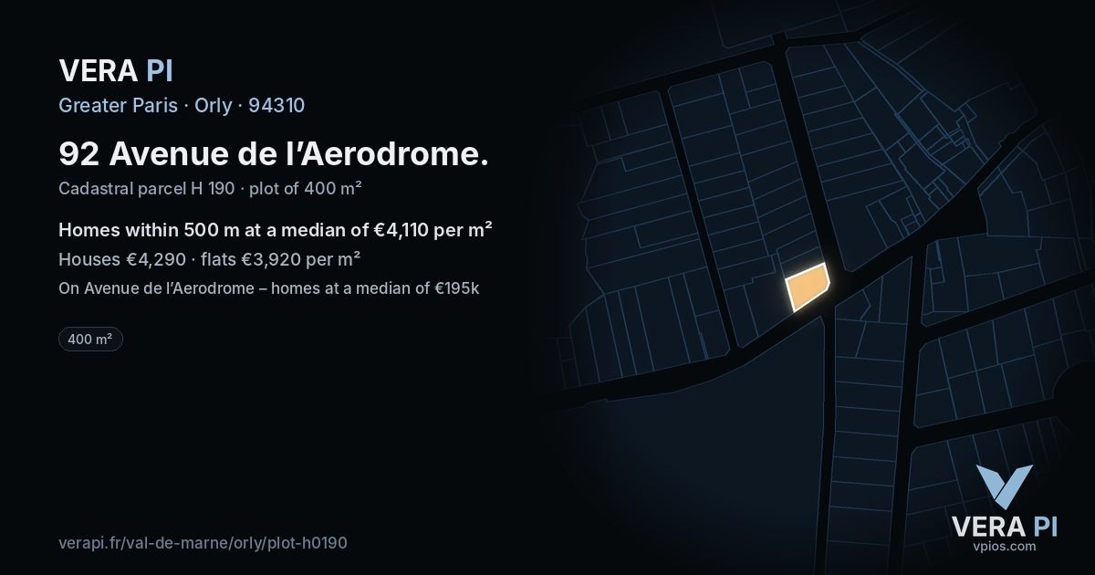 92 Avenue de l’Aerodrome, Orly at night – the plot lit, the parcels around coloured by the prices near them