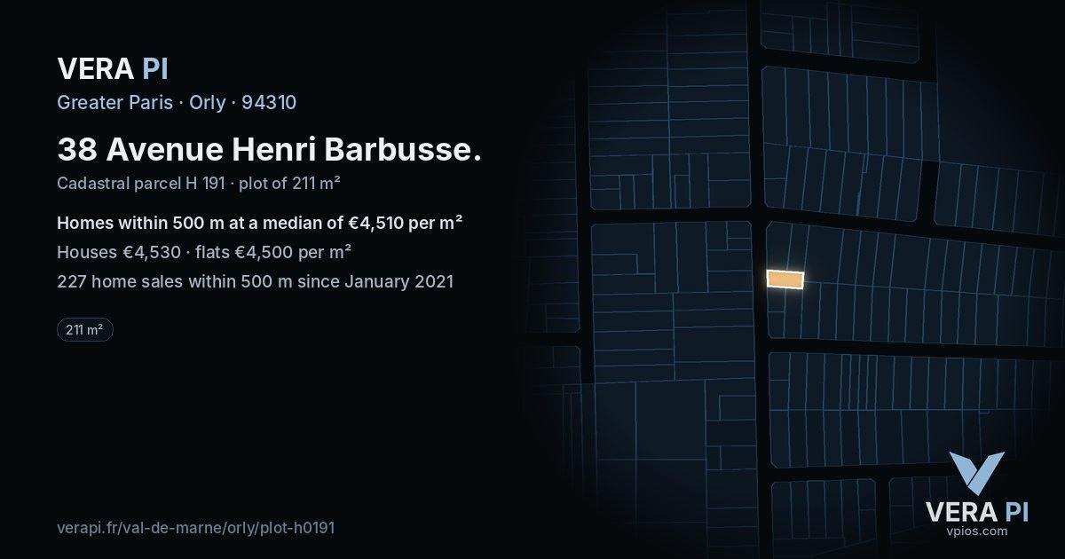 38 Avenue Henri Barbusse, Orly at night – the plot lit, the parcels around coloured by the prices near them