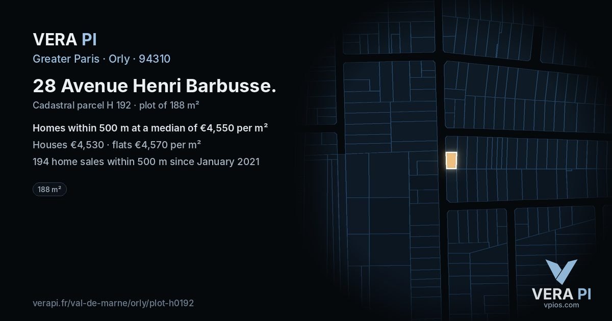 28 Avenue Henri Barbusse, Orly at night – the plot lit, the parcels around coloured by the prices near them