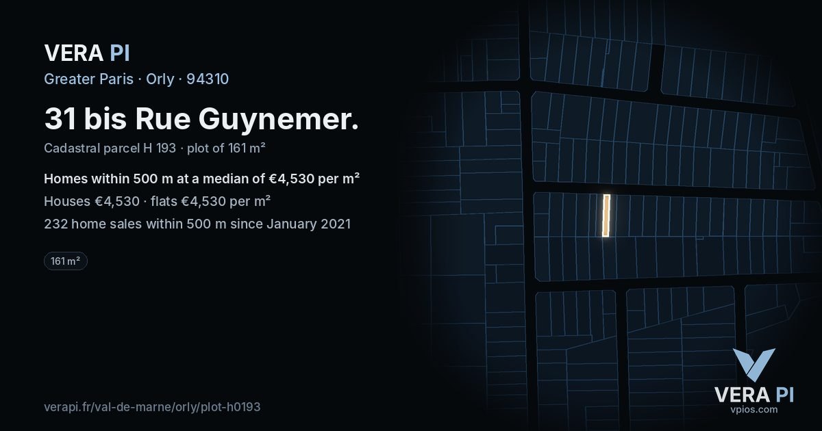 31 bis Rue Guynemer, Orly at night – the plot lit, the parcels around coloured by the prices near them