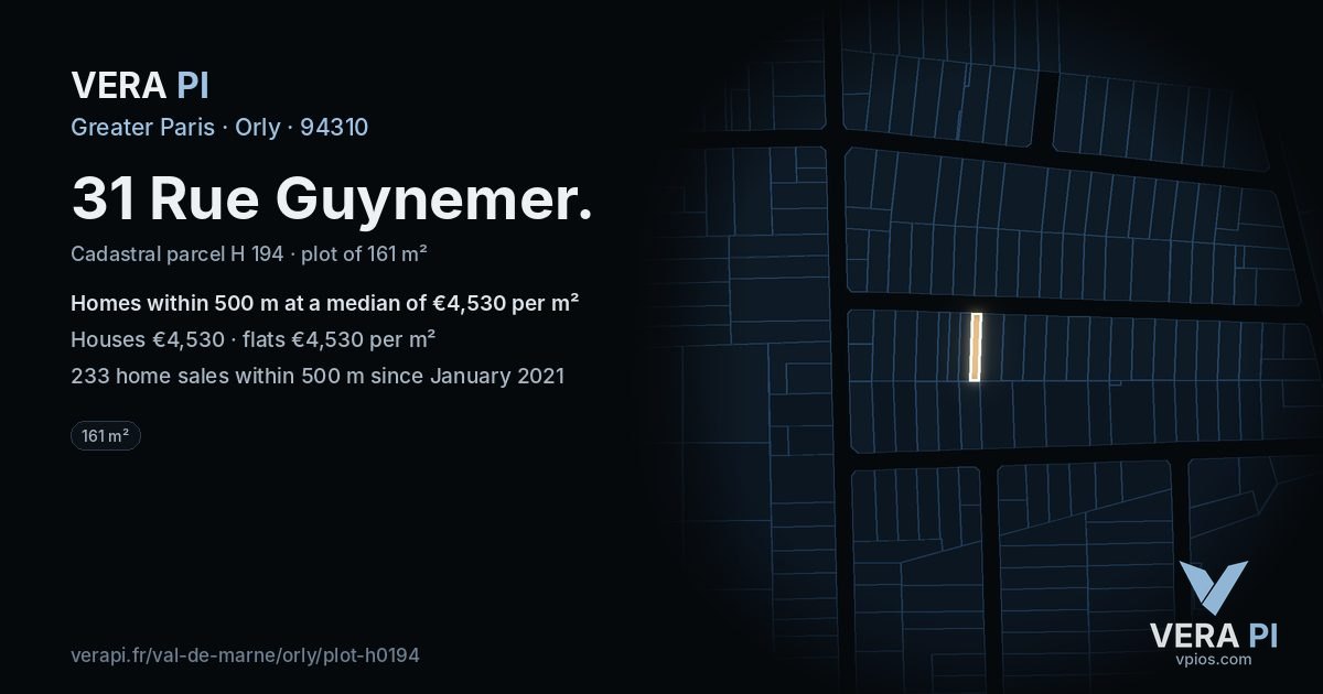 31 Rue Guynemer, Orly at night – the plot lit, the parcels around coloured by the prices near them