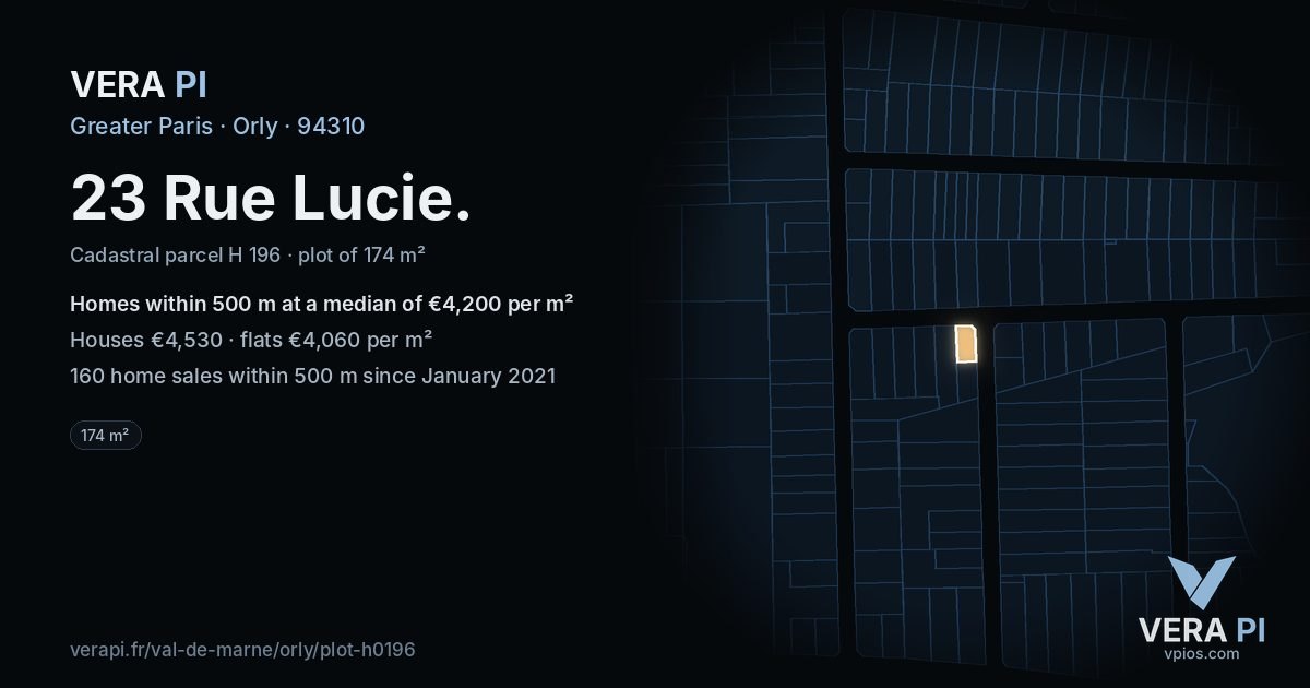 23 Rue Lucie, Orly at night – the plot lit, the parcels around coloured by the prices near them