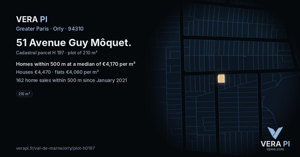 51 Avenue Guy Môquet, Orly at night – the plot lit, the parcels around coloured by the prices near them