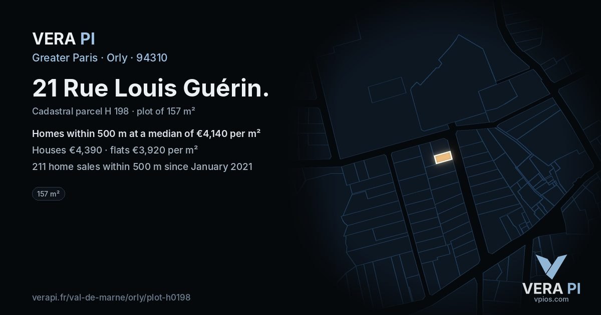 21 Rue Louis Guérin, Orly at night – the plot lit, the parcels around coloured by the prices near them