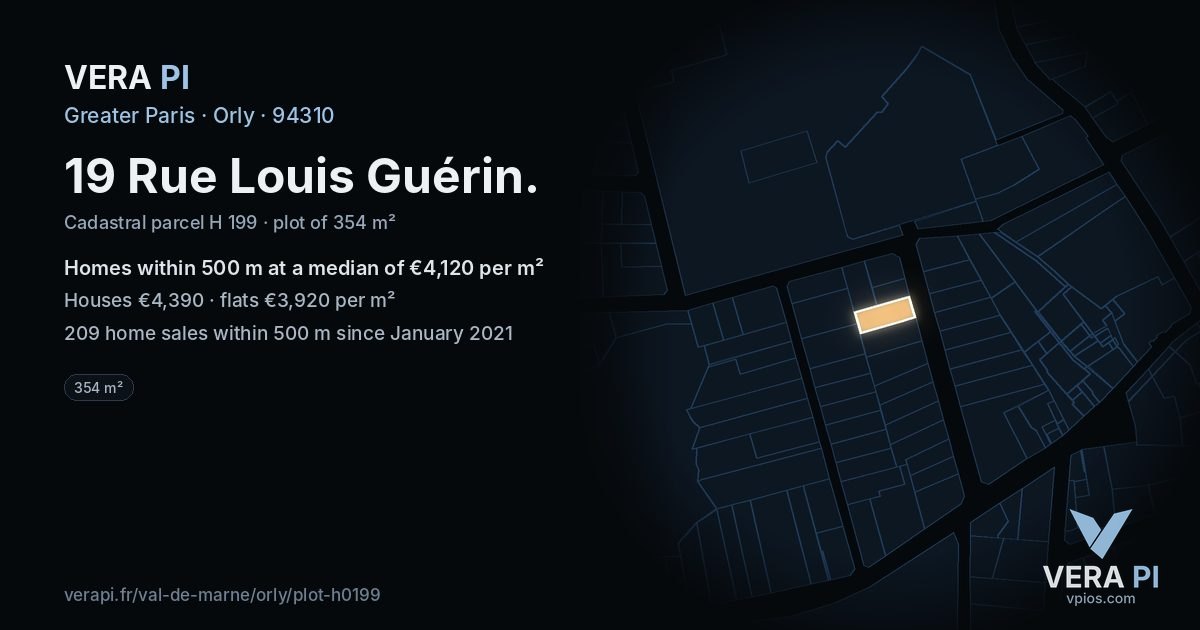 19 Rue Louis Guérin, Orly at night – the plot lit, the parcels around coloured by the prices near them
