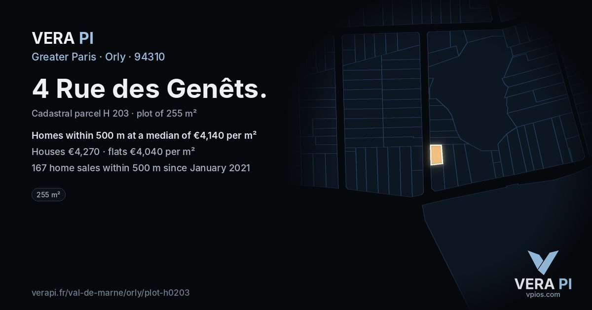 4 Rue des Genêts, Orly at night – the plot lit, the parcels around coloured by the prices near them