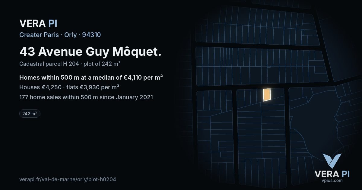 43 Avenue Guy Môquet, Orly at night – the plot lit, the parcels around coloured by the prices near them