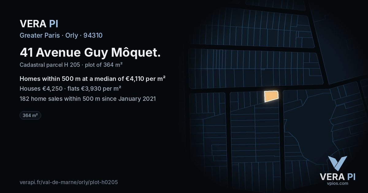 41 Avenue Guy Môquet, Orly at night – the plot lit, the parcels around coloured by the prices near them