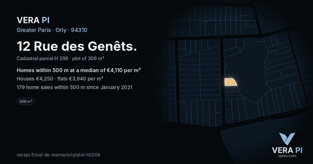 12 Rue des Genêts, Orly at night – the plot lit, the parcels around coloured by the prices near them
