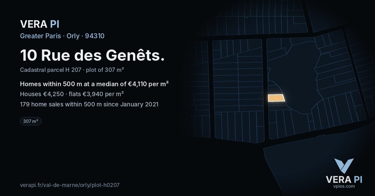 10 Rue des Genêts, Orly at night – the plot lit, the parcels around coloured by the prices near them