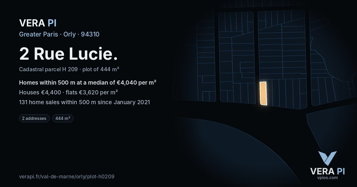 2 Rue Lucie, Orly at night – the plot lit, the parcels around coloured by the prices near them