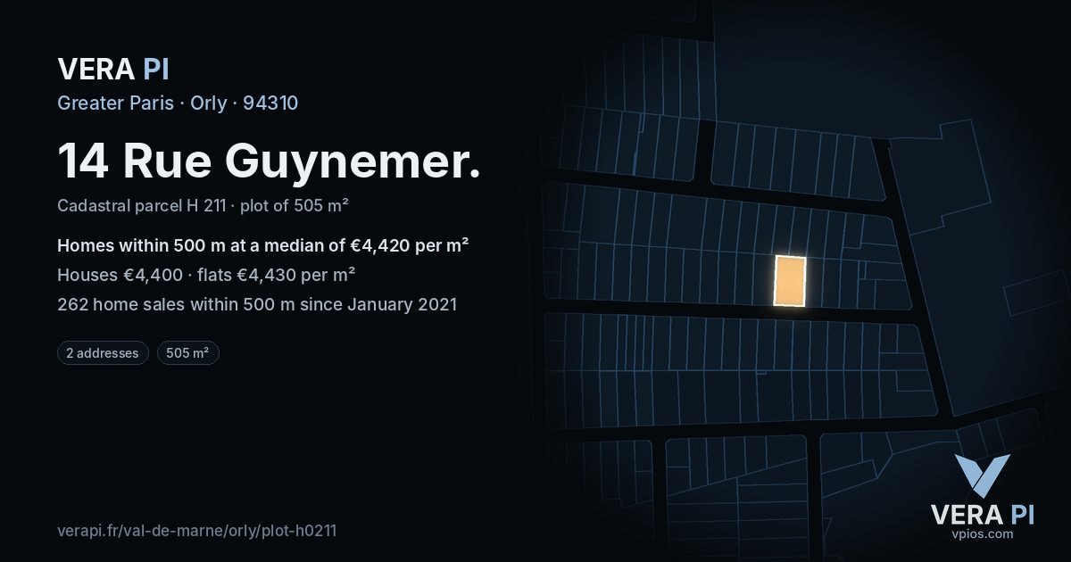 14 Rue Guynemer, Orly at night – the plot lit, the parcels around coloured by the prices near them