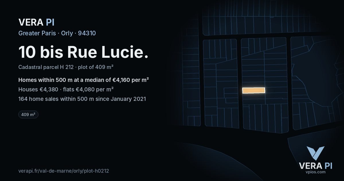 10 bis Rue Lucie, Orly at night – the plot lit, the parcels around coloured by the prices near them