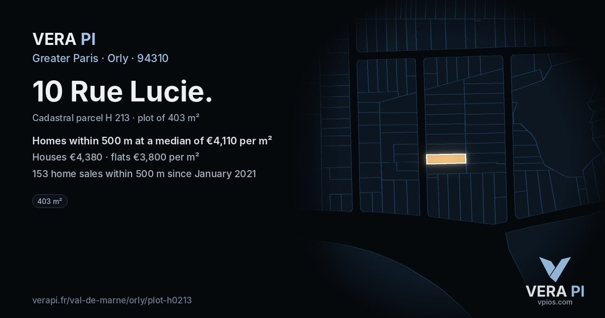 10 Rue Lucie, Orly at night – the plot lit, the parcels around coloured by the prices near them