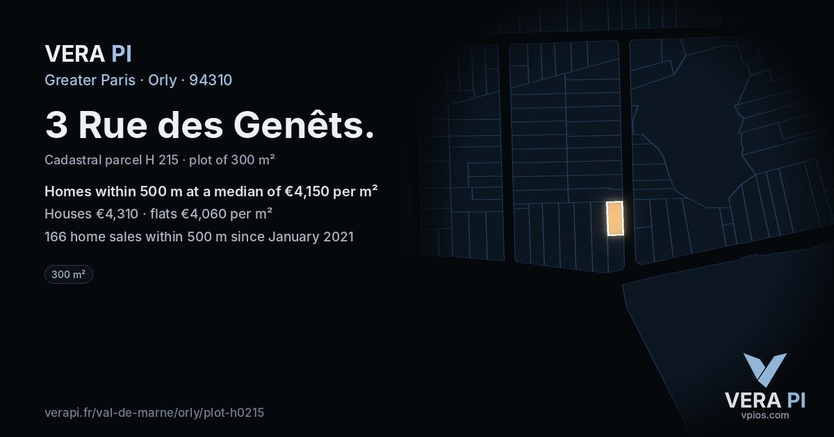 3 Rue des Genêts, Orly at night – the plot lit, the parcels around coloured by the prices near them