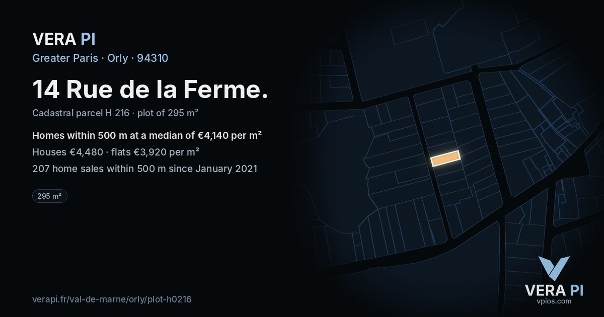 14 Rue de la Ferme, Orly at night – the plot lit, the parcels around coloured by the prices near them