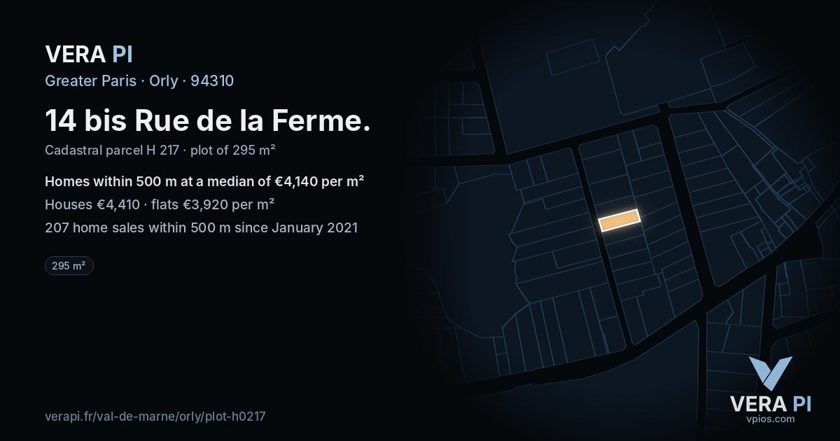 14 bis Rue de la Ferme, Orly at night – the plot lit, the parcels around coloured by the prices near them