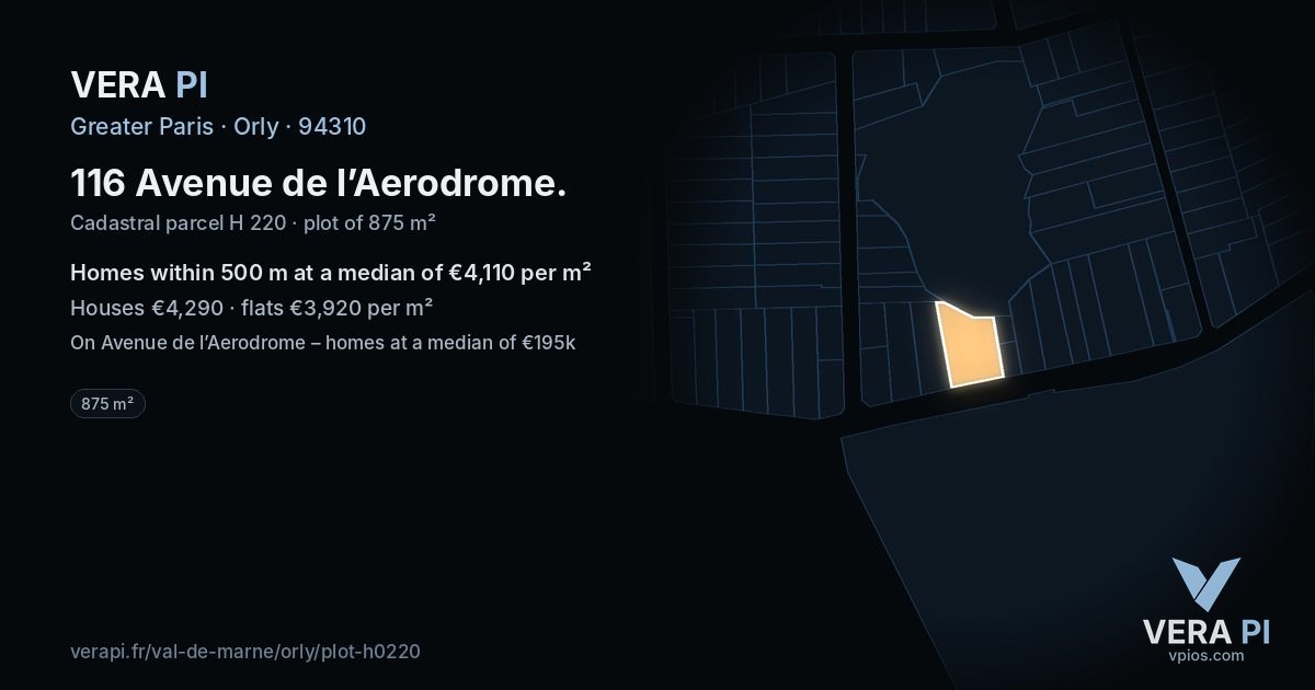 116 Avenue de l’Aerodrome, Orly at night – the plot lit, the parcels around coloured by the prices near them