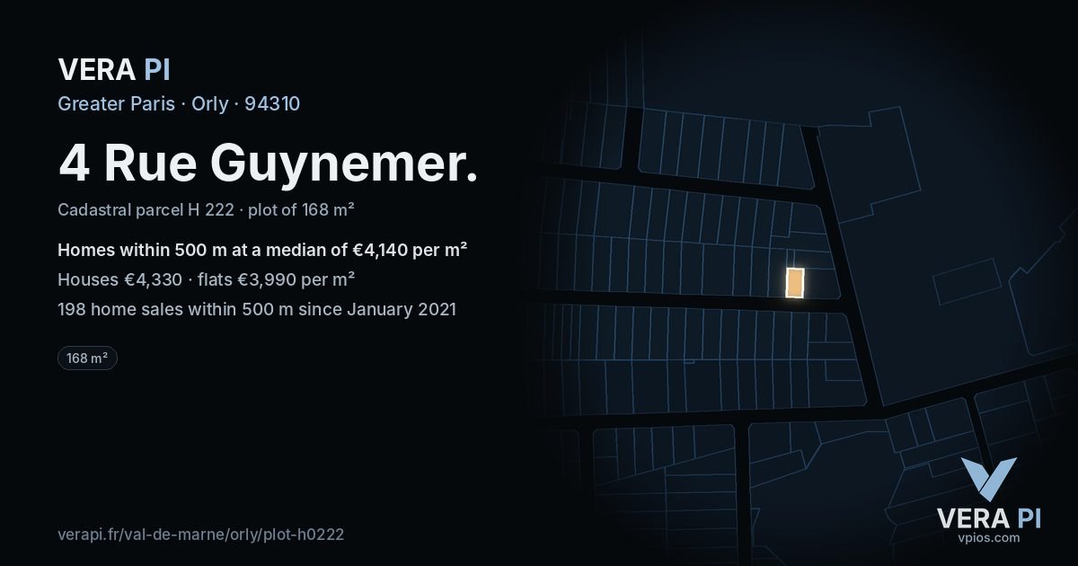 4 Rue Guynemer, Orly at night – the plot lit, the parcels around coloured by the prices near them