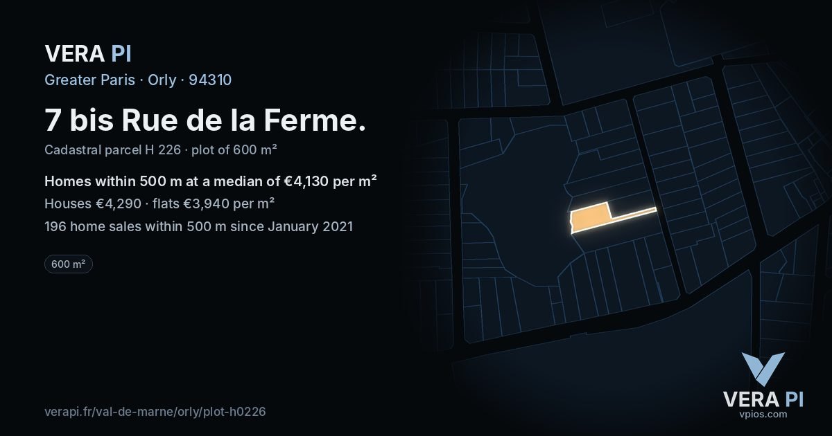 7 bis Rue de la Ferme, Orly at night – the plot lit, the parcels around coloured by the prices near them
