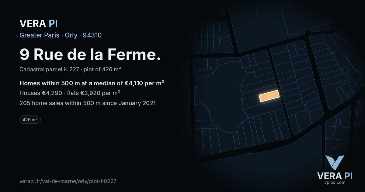 9 Rue de la Ferme, Orly at night – the plot lit, the parcels around coloured by the prices near them