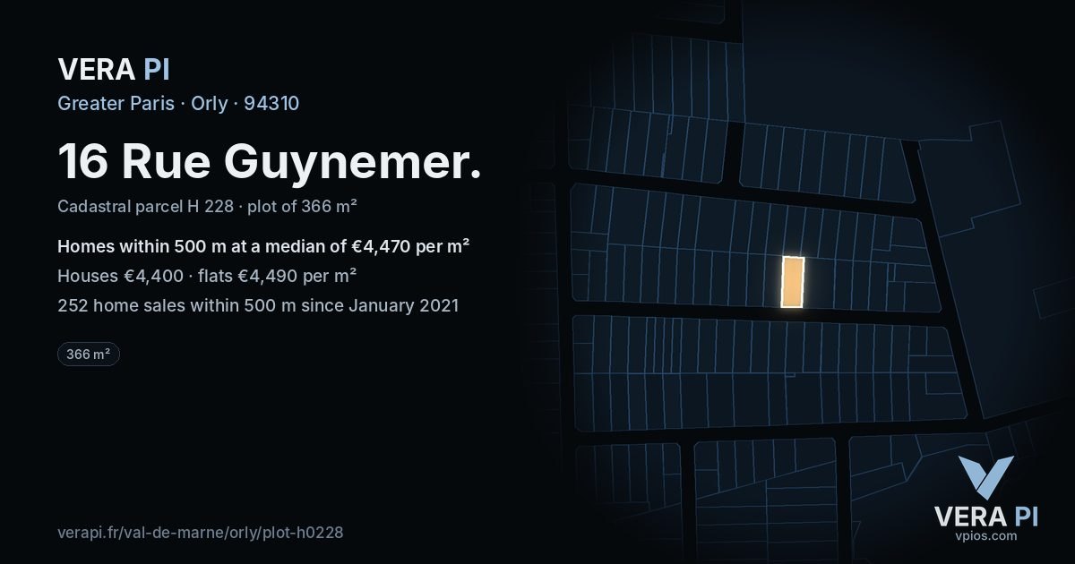 16 Rue Guynemer, Orly at night – the plot lit, the parcels around coloured by the prices near them