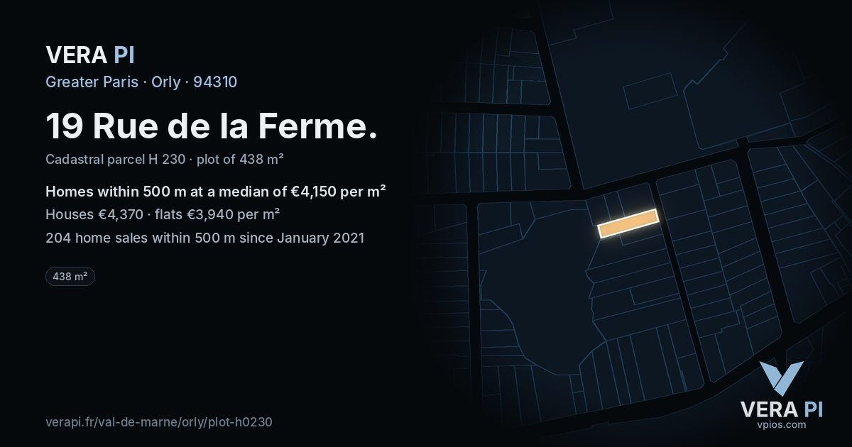 19 Rue de la Ferme, Orly at night – the plot lit, the parcels around coloured by the prices near them