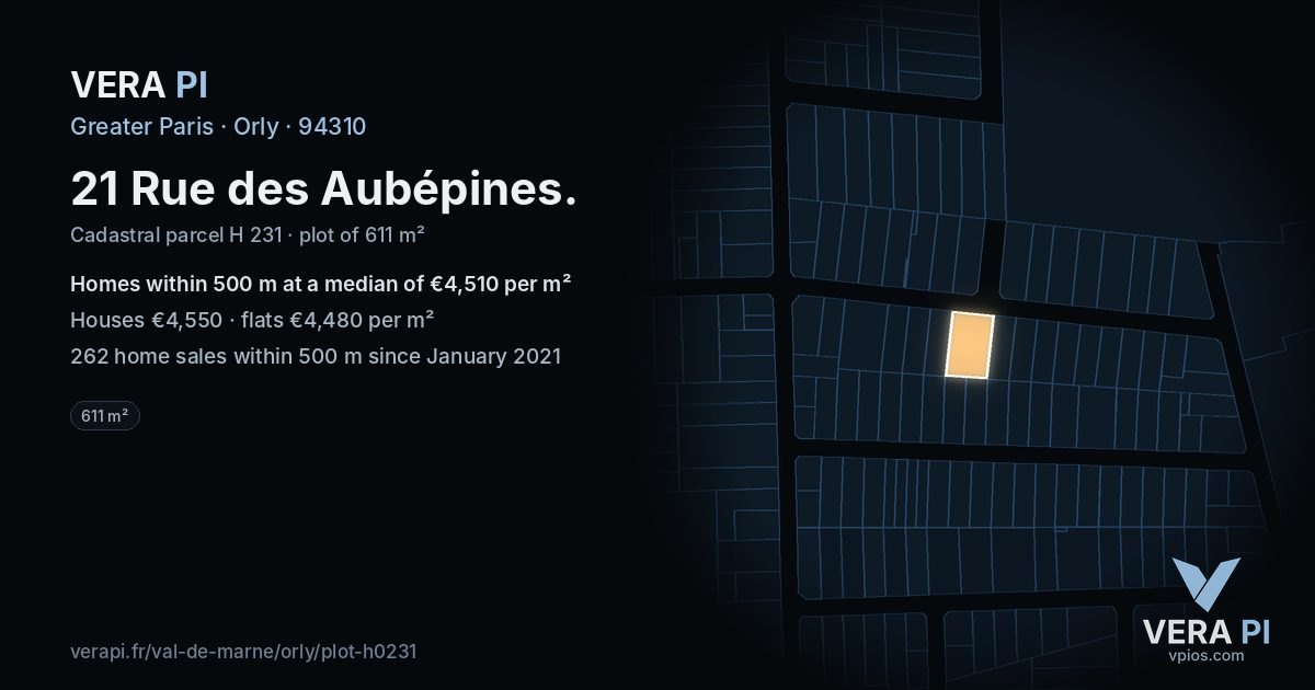 21 Rue des Aubépines, Orly at night – the plot lit, the parcels around coloured by the prices near them