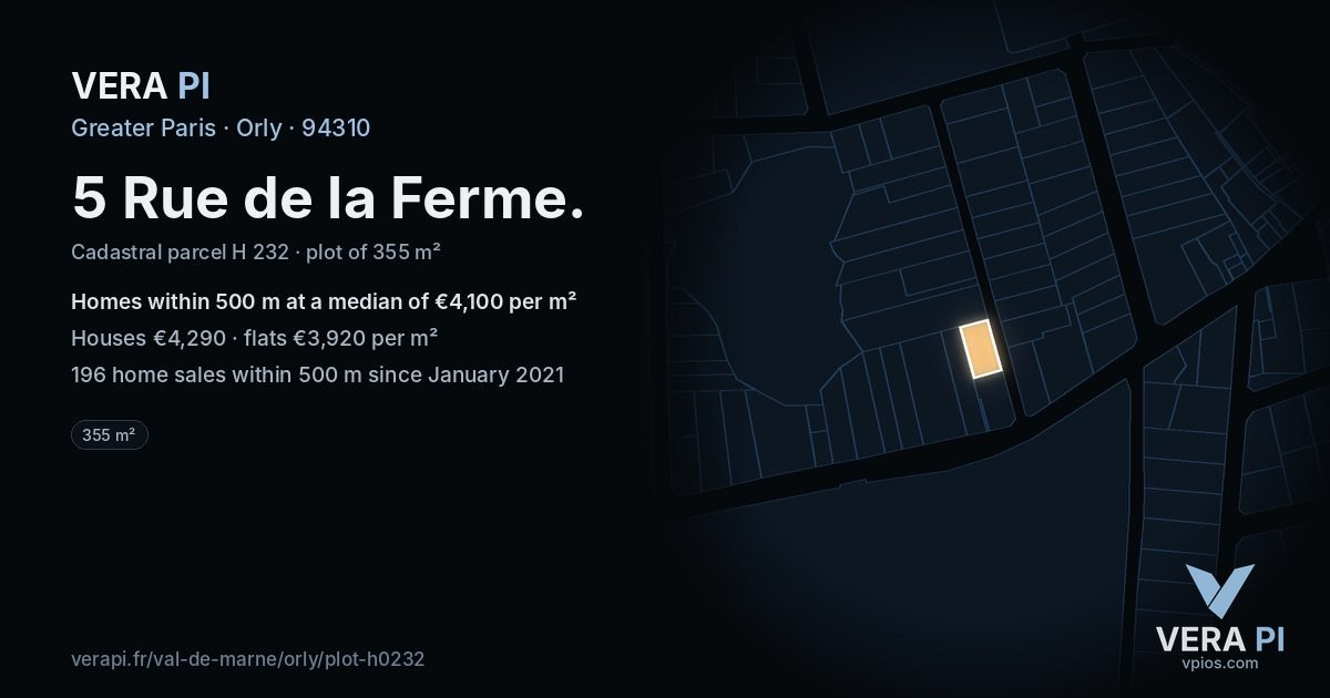 5 Rue de la Ferme, Orly at night – the plot lit, the parcels around coloured by the prices near them